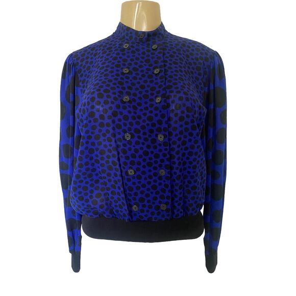 VTG Akris of Switzerland Wool Top Blouse Long Sleeve Blue Black Polka Do… - Picture 1 of 7